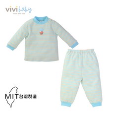 ViVibaby 純棉蘑菇條紋長袖套裝 藍色 台灣製造 80cm
