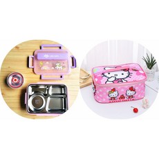 卡通h kitty哆啦A夢兒童便當盒304不鏽鋼四格午餐盒學生女分格飯盒可愛帶蓋餐盒送餐具 角落生物, 獨角獸（四格1.3L配碗）+款1袋, 1個