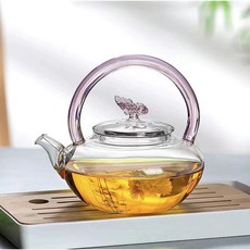 高硼硅玻璃提樑茶壺 麻花把手泡茶壺, 粉色蝴蝶600ml, 1個, 600ml