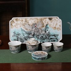 優選景德鎮陶瓷茶具 如虎添翼主人杯 壺承 茶盤 蓋碗 茶海 分茶器 茶杯墊 泡茶盤 小茶盤 高端茶器 高級茶具禮品禮物, 1個, 長條盤+蓋碗+主人盃+蓋置+兩個客盃