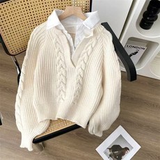 COSYEVNO 여성용 스웨터 가을 브이넥 니트 끈무늬 편하고 루즈핏 클래식 심플 캐주얼 숏 긴팔 상의 CXJmy-10