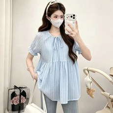 임산부 반팔 셔츠 캐주얼 루즈핏 얇은 도트 반팔 블라우스 여름 임부복 반팔 상의 JS