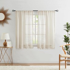 ZJDECOR 화이트 레이스 시어 커튼 213.4cm(84인치) 길이 보헤미안 기하학 패턴 커튼 태슬 포함 패널 2개 세트 거실 침실용 러스틱 리넨 로드 포켓 창문 트리트