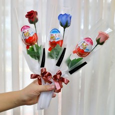 꽃 한송이 킨더조이 꽃다발 학예회 발표회 유치원 재롱잔치 졸업식 한송이비누꽃 꽃한송이, 한송이 킨더조이 꽃다발: 레드+여아용