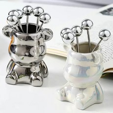 솔로스 곰돌이 스테인리스 과일 포크 6P +세라믹 포크 홀더 테이블 무드 선물세트 홈카페 오브제, 실버, 1개