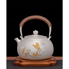 一張打原創設計 喜上眉梢 錘紋鎏金燒水壺 800ML銀壺足銀純銀999 茶壺茶具 皇家典藏, 1個