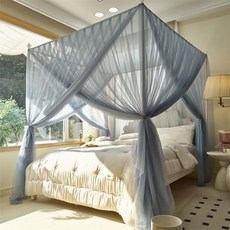 宮廷蚊帳 雙人蚊帳 落地蚊帳 公主風 加厚蚊帳 三開門加寬門蚊帳, 轻奢款-海天蓝【双层帐纱加宽门+烤漆支架,适用150*200cm床【送风扇杆】