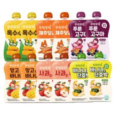 무럭무럭 키즈죽 과일퓨레 알뜰 12팩 (옥수수 제주당근 사과랑배 망고랑바나나 바나나단호박 푸룬고구마 각 2팩), 100g