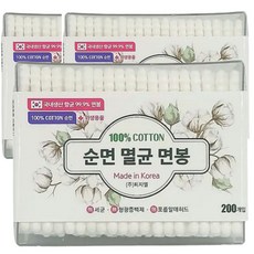 피지엘 순면 멸균 면봉 국내생산 순면100%면봉, 3개, 200개입