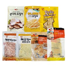 [더먹다]정화식품 건어물 세트 맥주 안주 왕다리오징어1/허니버터오징어1/말랑말랑버터구이1/맥반석오징어1/해오징어1/오징어는땅콩을좋아해1/전기구이1, 267g, 1세트