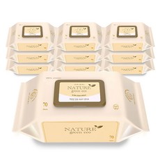 네이처 그린 에코 초순수 아기 물티슈 더 도톰하고 더 넉넉한 사이즈 엠보싱 캡형(55 65 75gsm), 75g, 70개입, 10개