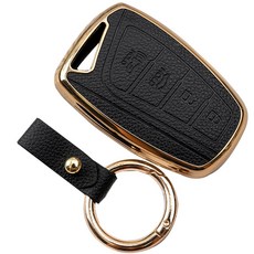 현대 신형 그랜저 싼타페 맥스크루즈 에쿠스 제네시스 호환 TPU 가죽 키케이스 키홀더 키링, 블랙골드, 4버튼(TL06)
