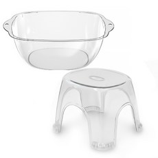 리빙블러썸 다용도 투명 세숫대야 + 목욕 의자, 1개, 대형 바가지 1개+투명 의자 1개