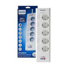 필립스 맥스플러스 서지보호멀티탭 고용량 개별스위치 30GaN 고속충전, 1개, 화이트 5구 CHP6753WA, 2m