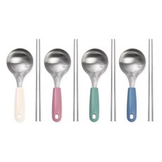 국내생산 웰메이드 컬러 미니국자 + 샤브 롱 젓가락, 4세트, 믹스 아이보리+인디핑크+민트+더스티블루