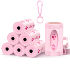 포뷰 반려동물 배변봉투+스마트 디스펜서 세트 회전수납 걸이포함 케이스, 7개, 15개입, 핑크색