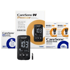케어센스N프리미어(BLE)혈당측정기+검사지100매+채혈침100개+알콜스왑100매, 1세트
