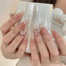 QMQT 여성 인조손톱 롱 리본장식 파츠 네일팁 컬렉션, 1개, 누드색-하트