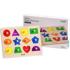 정품 boby 몬테소리 꼭지 퍼즐 원목 교구 도형 모양 매칭 맞추기 베이비 토들러 소근육 발달 원목 장난감, 4) 12가지 모양 매칭 퍼즐, 1개