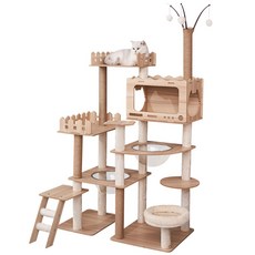 Pawprint 튼튼한 고양이 캣타워 실내 공간 최적 활용 스트레스 해소 다묘 가정 필수품! 다양한 활동 지원 고양이 놀이와 휴식 모두 가능 고양이에게 안전한 견고한 구조, 1개, 원목색