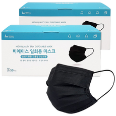 비에이스 일회용 덴탈마스크, 중형 블랙, 2개, 50매