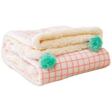 숑숑펫 포근한 체크 퐁퐁 방울 반려동물 뽀글이 담요, 아이보리, 1개