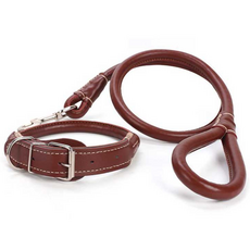 레오펫 반려견 중대형견 가죽 라운드 로프 목줄 + 리드줄 세트 M, 브라운