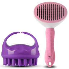 딩동펫 반려동물 라운드 샴푸 마사지 브러쉬 + 푸쉬 원터치 핀브러쉬 세트, 퍼플(마사지 브러쉬), 핑크(핀브러쉬), 1세트