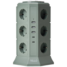 텔로 (에디션) 타워 멀티탭 17구(USB-3 CTYPE-2) KC인증 접지 안전 고급 멀티탭 선정리 가능한 인테리어 귀여운 디자인 예쁜색상, 2m, 딥카키, 1개