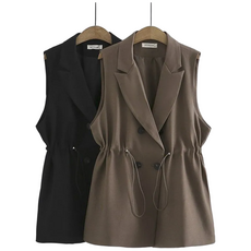 빅사이즈 여성 심플 허리 스트링 루즈핏 브이넥 하프기장 정장 조끼 베스트 민소매 정장 자켓 블레이저