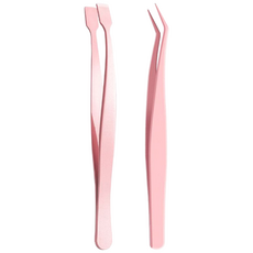 vivarossa 노글루 속눈썹 L자 곡선형 트위저 핀셋 족집게 위 아래 세트, 1세트, 핑크