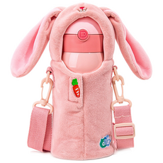 DILLER 不鏽鋼保溫吸管杯+動物造型保護套 600ml, 兔子款 粉色, 1組