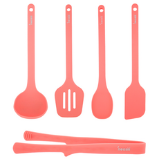 네오실리 국산 프리미엄 실리콘 조리도구 5종 세트, 1세트, 코랄핑크, 뒤집개+국자+볶음스푼+스파츌라+집게