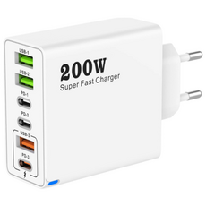 200W 접지 초고속 충전기 6포트 3USB+3PD 적용애플 아이폰 아이패드 삼성 갤럭시 픽셀 고속 전원 어댑터, 1개, 흰색