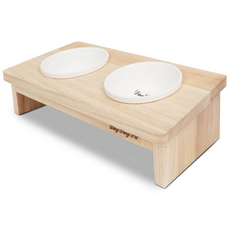 DING DONG PET 寵物經典陶瓷原木雙碗餐桌, 混合色, 1個