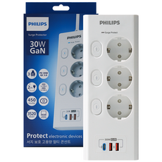 필립스 맥스플러스 서지보호멀티탭 고용량 개별스위치 30GaN 고속충전, 1개, 화이트 3구 CHP6733WA, 2m