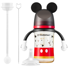더블하트 모유실감 3세대 PPSU 디즈니 젖병 빨대컵세트(핸들포함/젖꼭지미포함), 1세트, 240ml, 미키+빨대꼭지(STEP1/6m)+추빨대&브러시