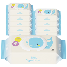 고래를 구하는 물티슈 시그니처 신생아 아기 물티슈 무향 친환경 생분해 대용량 캡형 70매 10팩, 10개, 60g
