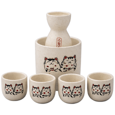 잔집사 사케잔세트 복고양이 플라워 도자기 술잔 도쿠리 집들이선물, 1세트, 복고양이(6P) (잔4+술병1+포트1+피규어1)