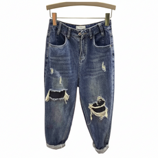 봄 가을 여성 패션 루즈핏 하이웨스트 배기핏 가짜 찢청바지 데미지 데님 팬츠 바지 빅사이즈