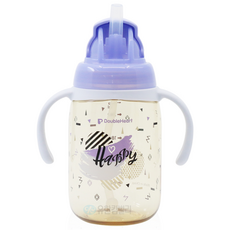 DoubleHeart 貝親 PPSU吸管水杯 HAPPY圖案, 紫色, 270ml, 1個