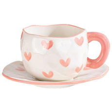 [국내배송][집들이선물] 홈카페 어글리 찻잔+컵 받침 세트, 1세트, 핑크하트