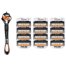 POLIIN 스윙 면도기 + 신형 프로글라이드 면도날 블랙주황 질레트 호환용, 12개입, 1세트
