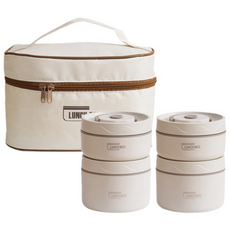 Thund Leod 304 스테인리스 원형 보온도시락 단 전자레인지 사용 가능 보온가방 세트 직장인 휴대용 런치박스, 1개, 베이지 4단