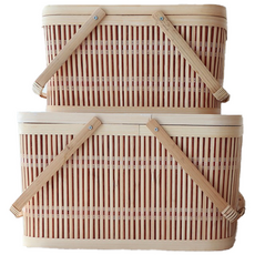 竹編野餐籃 2個+餐巾 隨機出貨, 混色, 1組