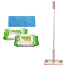 A-Clean 手持拖把清潔器 白色 + 粉紅色 小型 25cm + 藍色超細纖維墊 + 濕拖布 + 靜電除塵布 套組, 1套