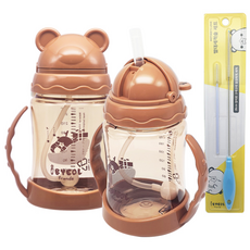 iBYEOL Friends 韓國製造立體造型Tritan吸管杯 280ml 2入+吸管刷組, 棕色, 1組