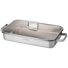 홈파티 필수템! IH 스텐 인덕션호환 와이드 직사각팬 냄비+유리뚜껑, 1세트