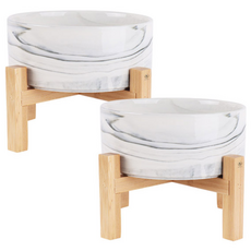 DING DONG PET 寵物現代大理石紋陶瓷餐具 雙層單口標準型 S, 大理石灰, 2個