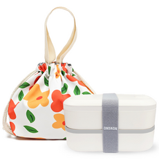 온다온 도시락통 밤부 직장인 전자레인지 런치박스 + 패턴 보온보냉백 세트, 화이트+플라워, 1세트